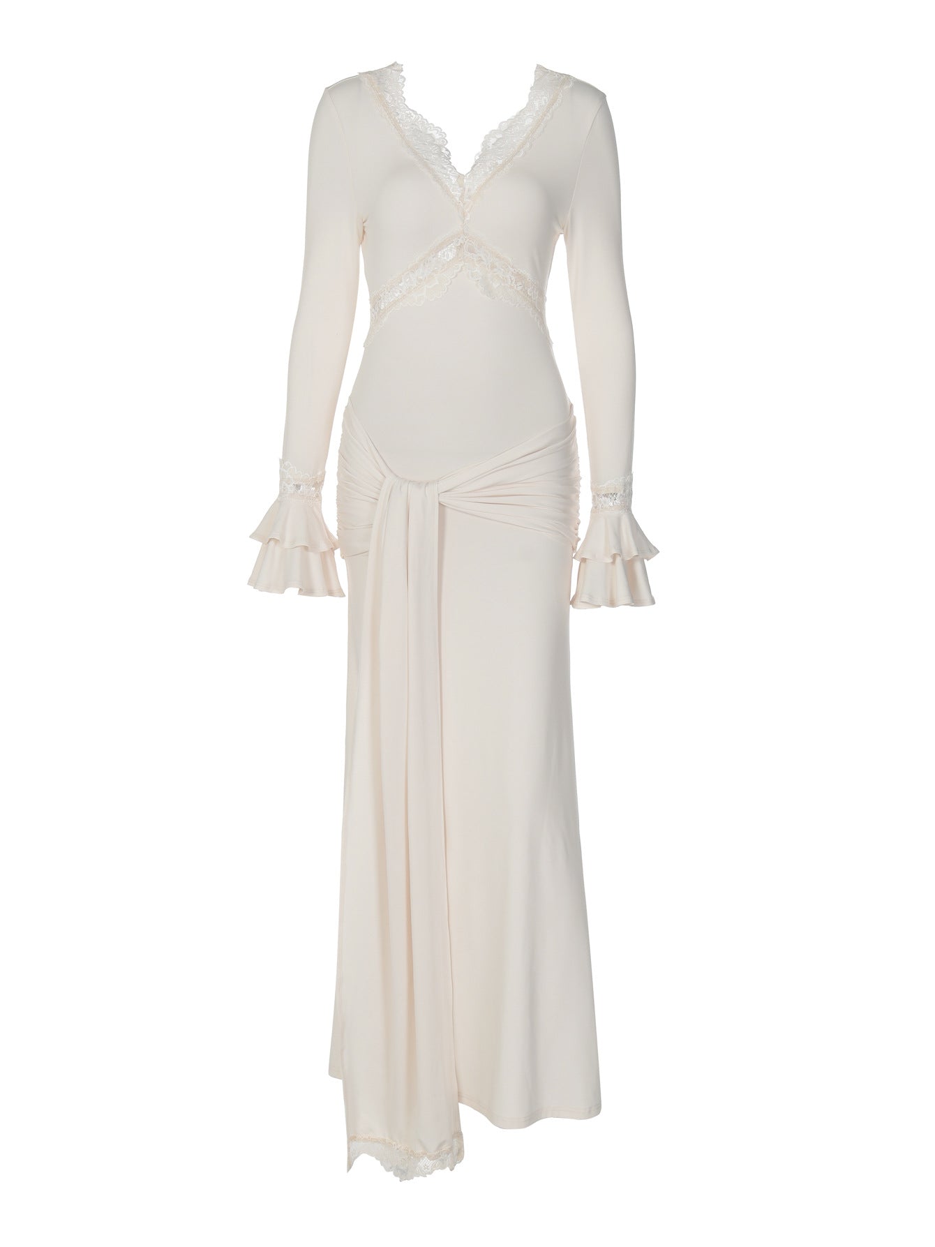 Elegant V-Neck Lace Trimmed Long Sleeve Dress