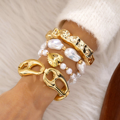 Layered Geometric Statement Cuff Bracelet Set