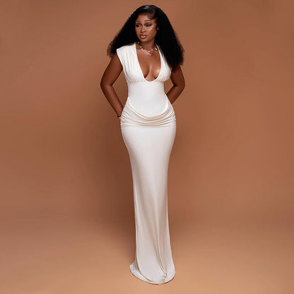 Sleeveless V-Neck Bodycon Dress In Solid Colors For Casual Street Style