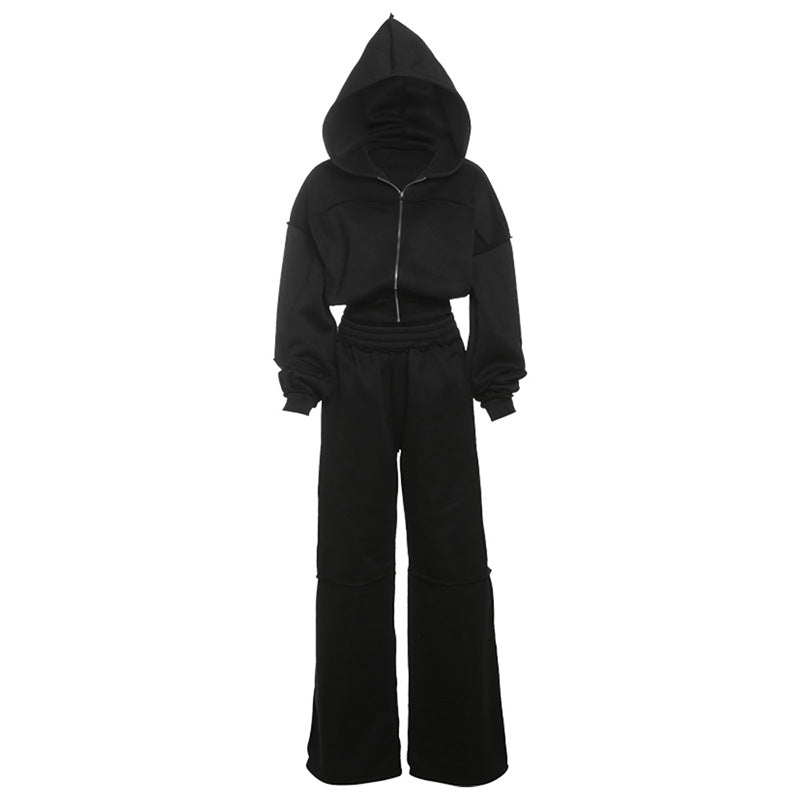 Hooded Long Sleeve Zip-Up Jacket And Loose Trousers Set