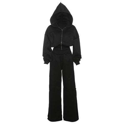 Hooded Long Sleeve Zip-Up Jacket And Loose Trousers Set