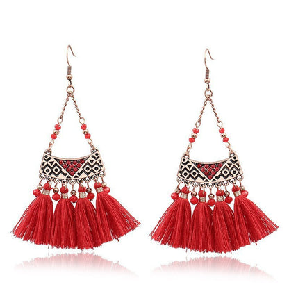 Red Geometric Tassel Earrings Bohemian Style