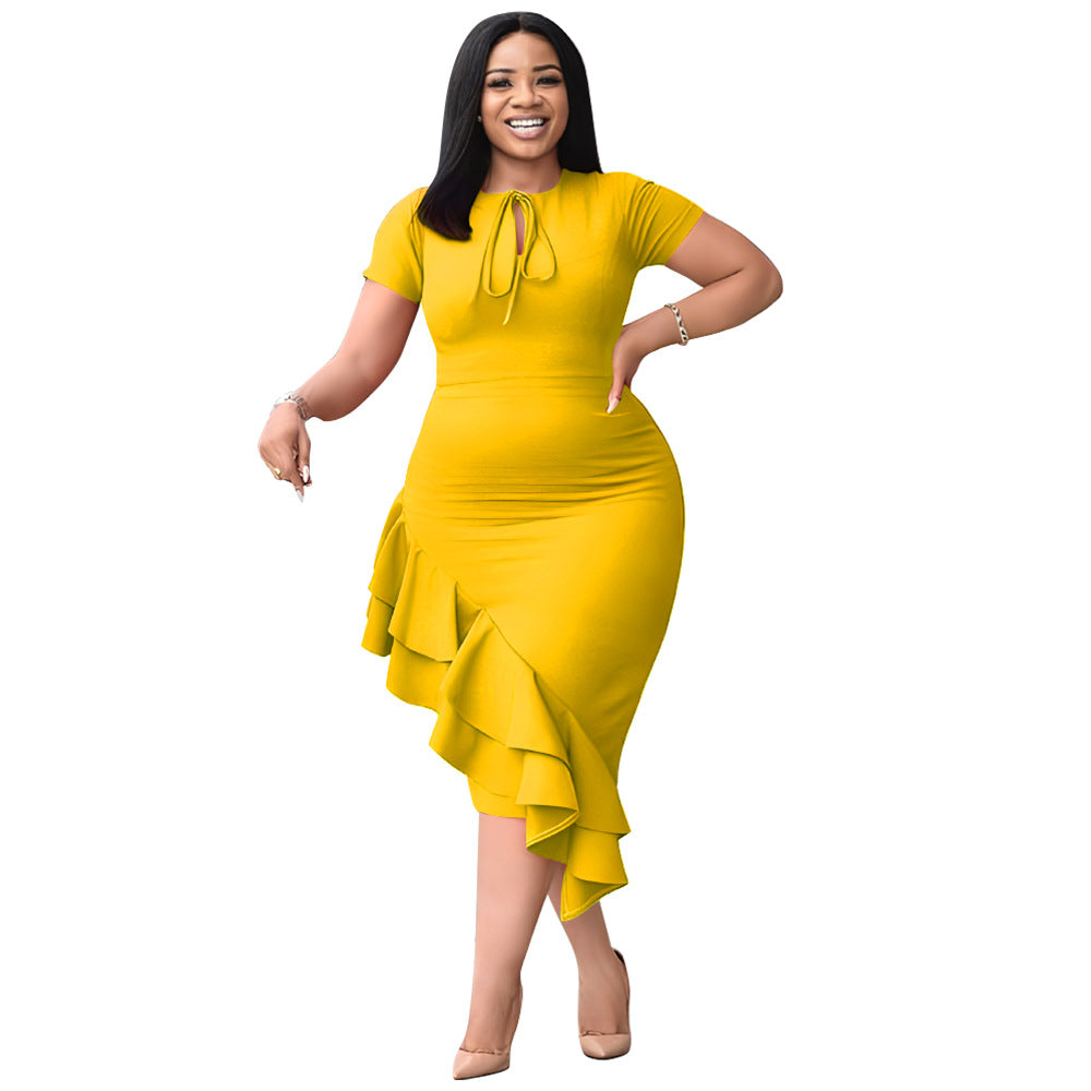 Trendy Plus Size Casual Dress With Ruffle Hem And Tie
