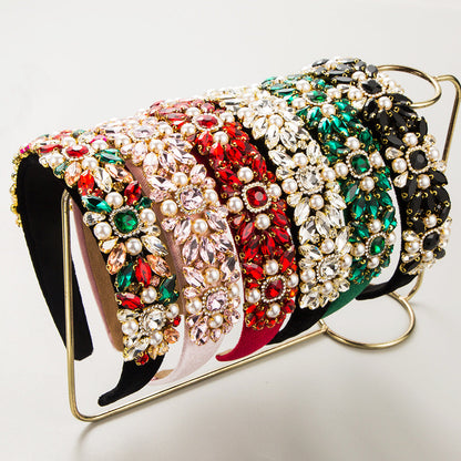 Baroque Velvet Wide Headband With Pearls and Rhinestones