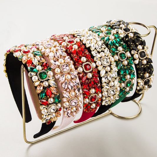 Baroque Velvet Wide Headband With Pearls and Rhinestones