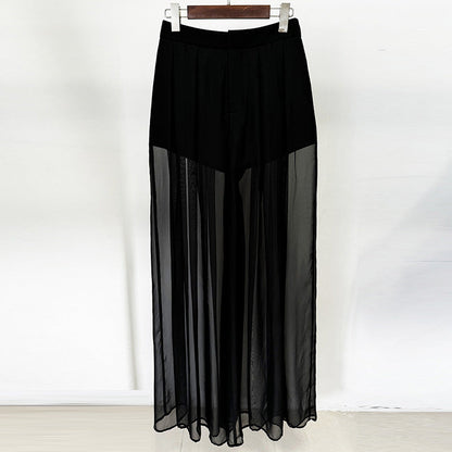 Sheer Panel Beaded Blazer and Chiffon Pants Set