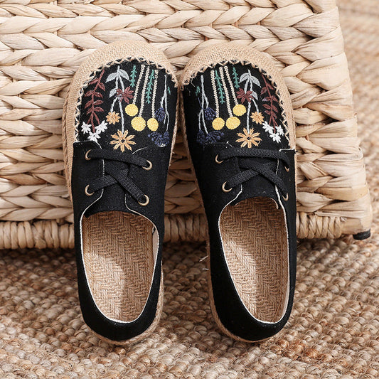 New Ethnic Style Women'S Shoes Dandelion Embroidered Linen Shoes Cow Tendon Bottom Hand-Stitched Top Lace-Up Cloth Shoes