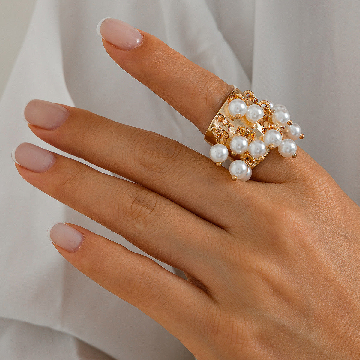 Bohemian Heart Shaped Gemstone Pearl Tassel Ring For Women