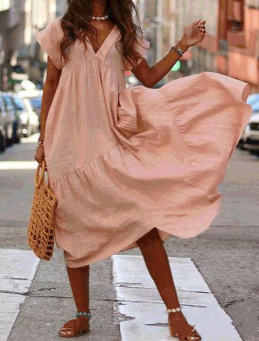 Street Style Solid Color Boho Maxi Dress Summer Candy Color Plus Size S-5Xl V-Neck Loose Irregular Long Dress