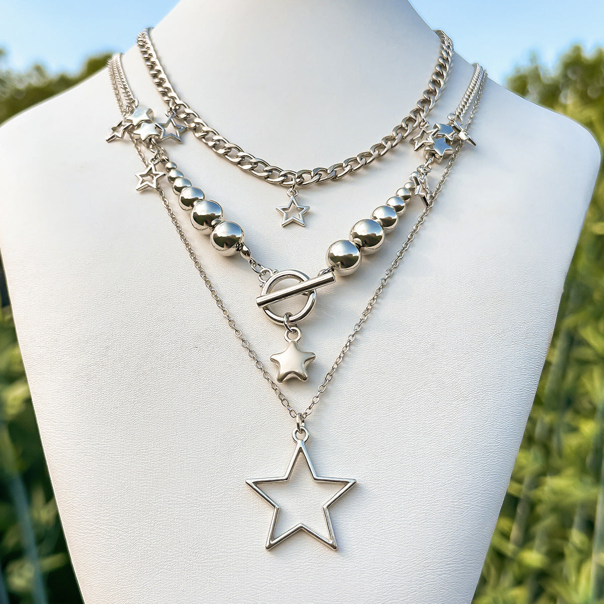 Hip Hop Star Pendant Necklace Set Trendy Ccb Beaded Metal Chain Jewelry