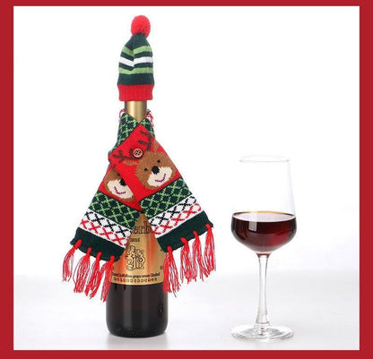 Christmas Knitted Scarf Hat Christmas Wine Bottle Set