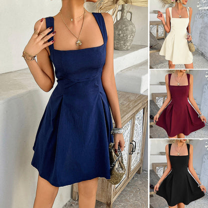 Elegant Solid Color A-Line Dress Sleeveless Polyester Mini Dress