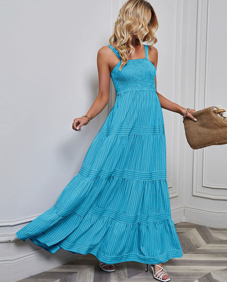 Solid Color Striped Spaghetti Long Dress
