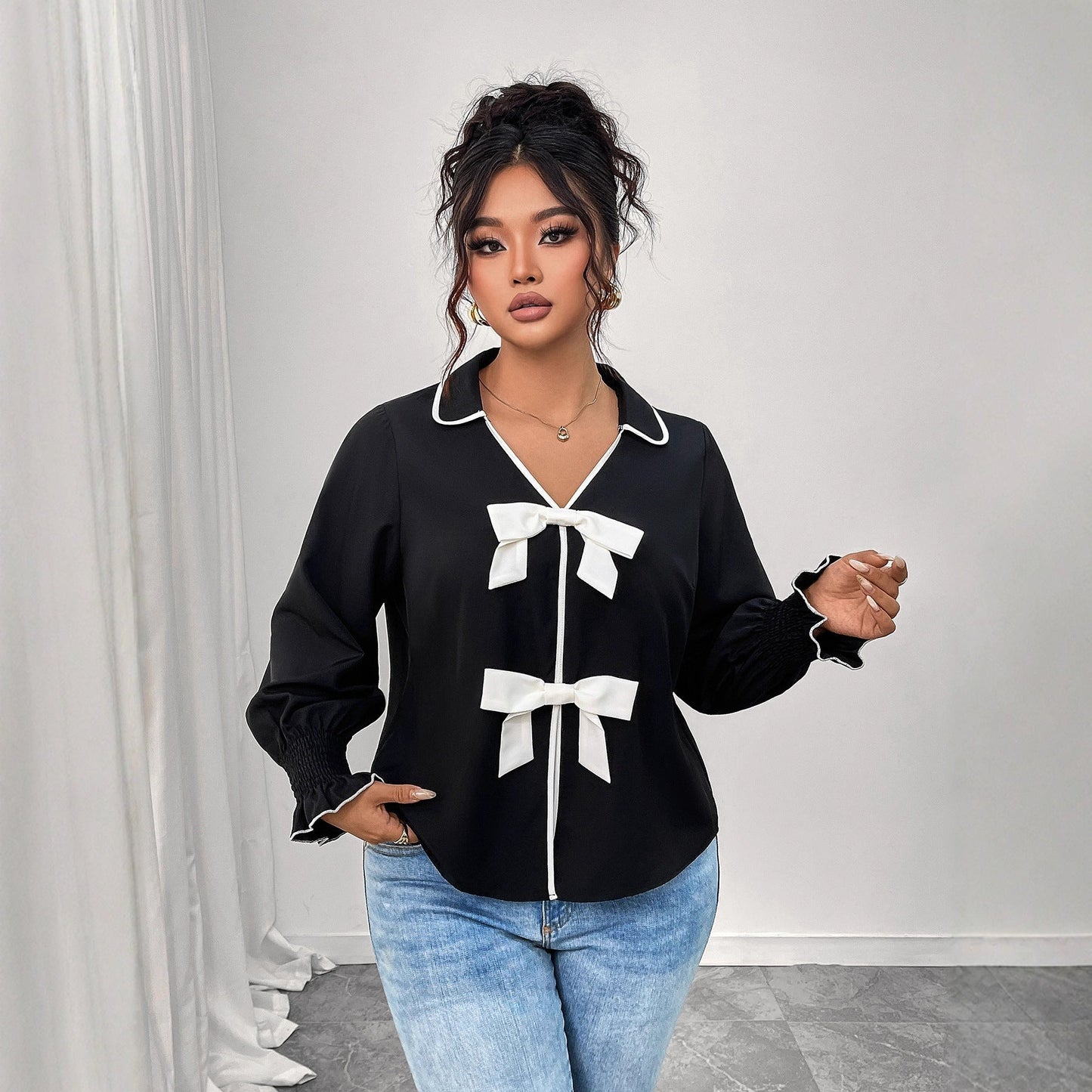 New Polo Neck Short Black Jacket With Bow Detail