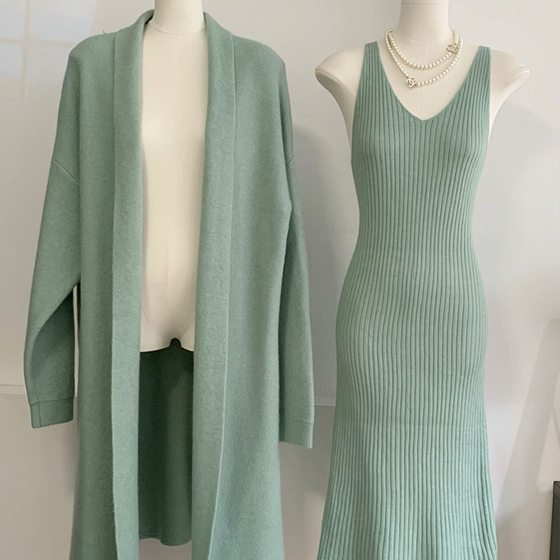 2 Pcs Elegant Fall Long Sleeve Cardigan Tank Dress