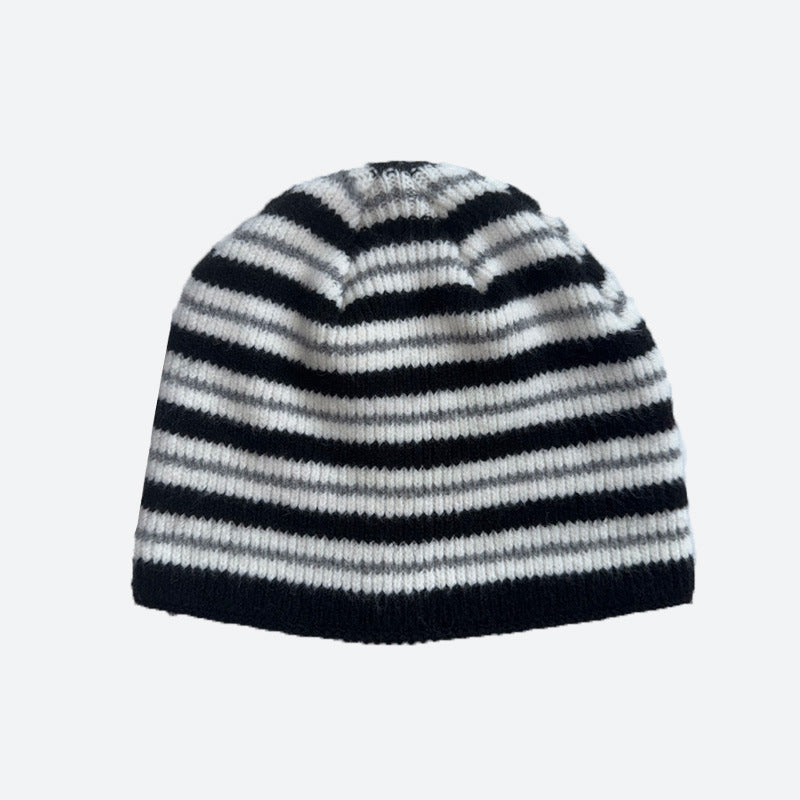 Striped Wool Blend Beanie Hat Soft Knit for Women