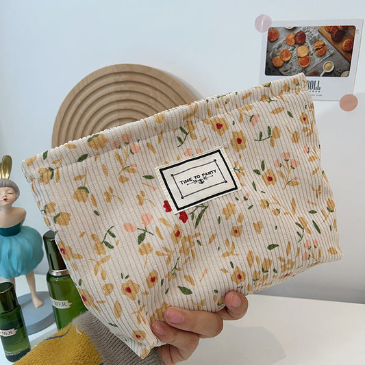 Floral Corduroy Makeup Bag Portable Travel Pouch