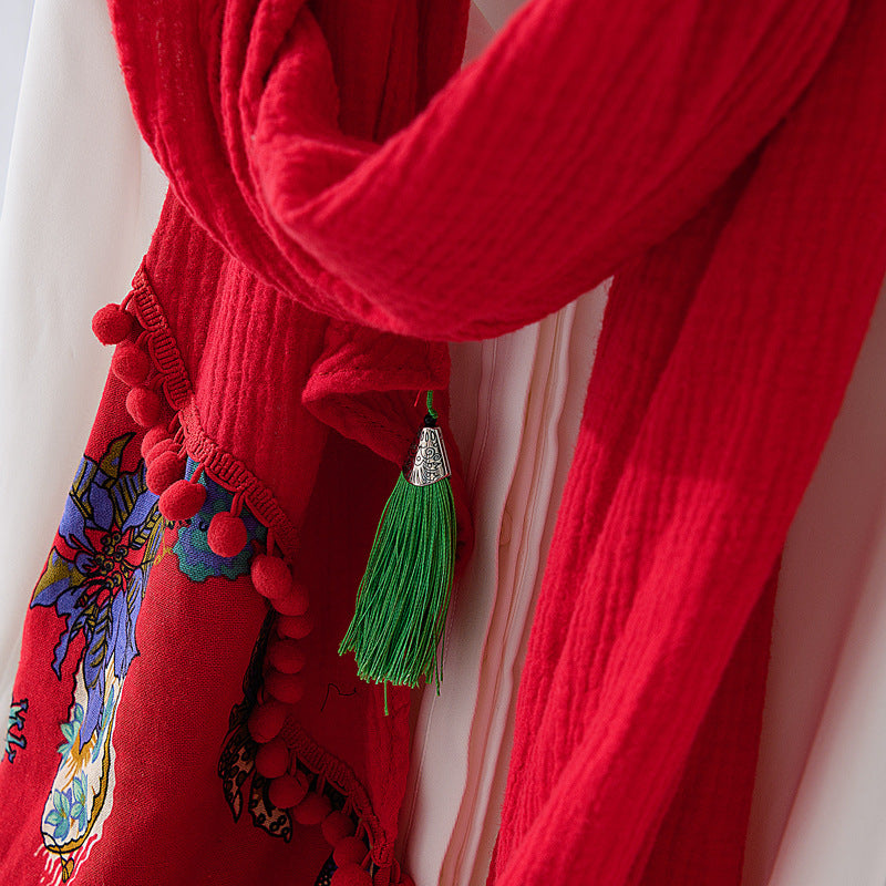 Spring And Autumn Cotton And Hemp Red Scarf Retro Winter Versatile Art Shawl