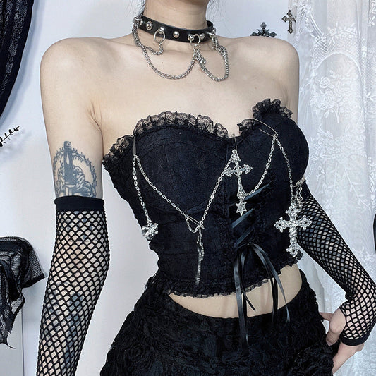 Sexy Gothic Strapless Top with Lace and Chains