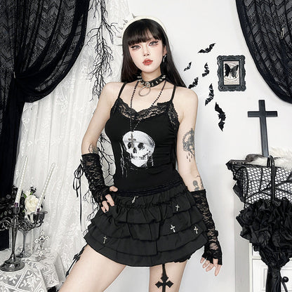 Skull Print Lace Trim Camisole Top for Casual Wear