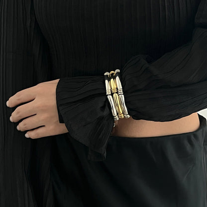 Trendy Beaded Bamboo Bracelets Set With Metallic Curved Tube Design