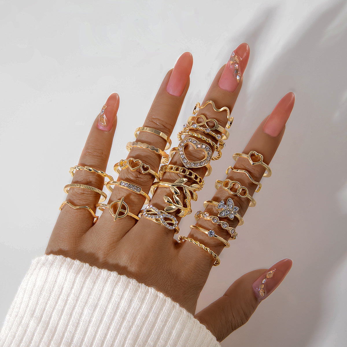Trendy Leaf Heart Rings Geometric Pearl Joint Stacking Ring Set