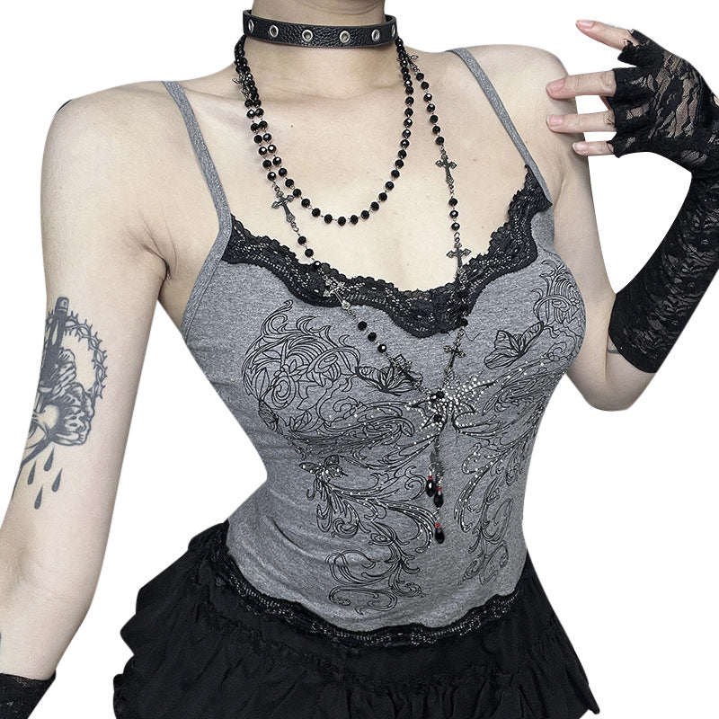 Butterfly Print Spaghetti Strap Tank Top Casual Elegant Goth Style