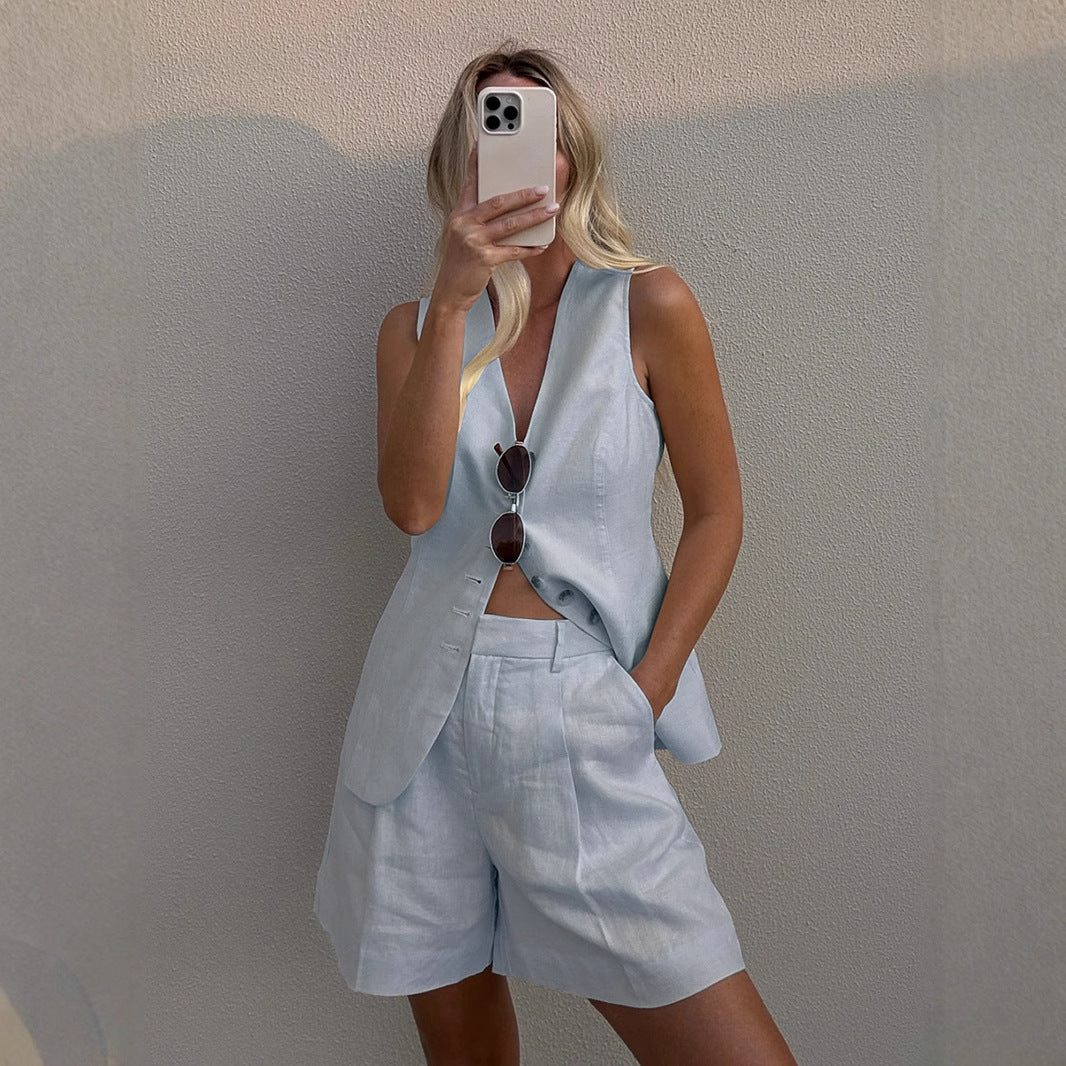 Solid Color Casual Vest and Shorts Sets