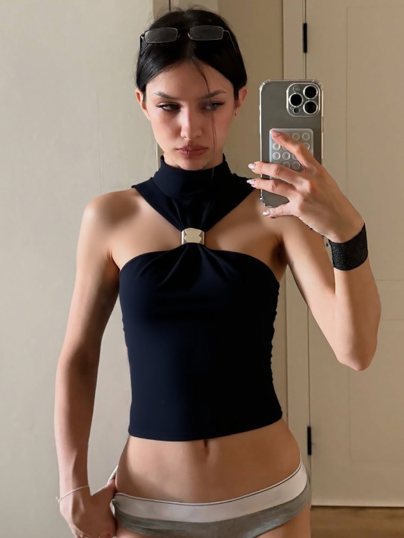 Cropped High Neck Sleeveless Top with Metal Ring in Trendy Street Style