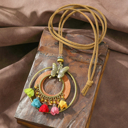 Trendy Ethnic-Inspired Butterfly Flower Necklace With Tassels
