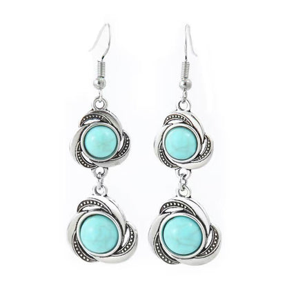 Simple Tribal Flower Teardrop Circle Turquoise Earring Set