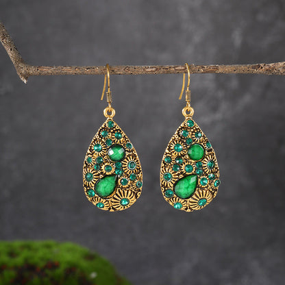 Creative Water Drop Gem Inlaid  Ancient National Style Earrings