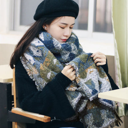Blue Scarf Women'S Winter Thick Dual-Purpose Shawl Ethnic Style Oversized Blanket Type