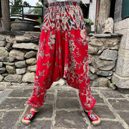 Ethnic Style Summer Men'S And Women'S Same Large Crotch Pants Cotton And Linen Printed Casual Lantern Trousers