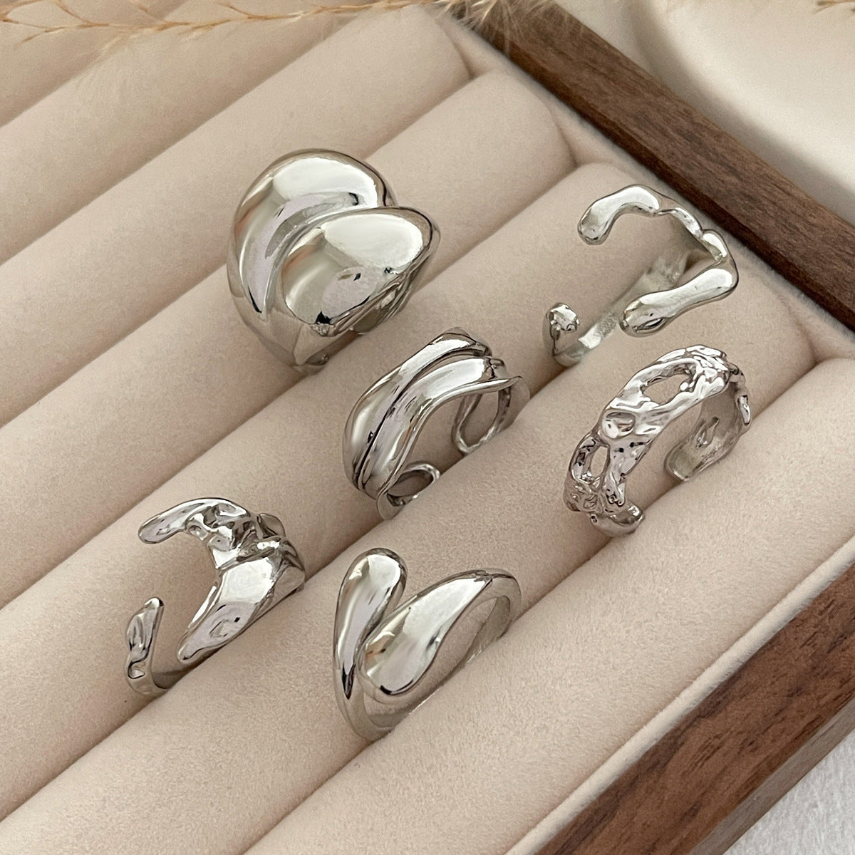 Fashionable Metal Liquid Lava Open Ring Set Geometric Style