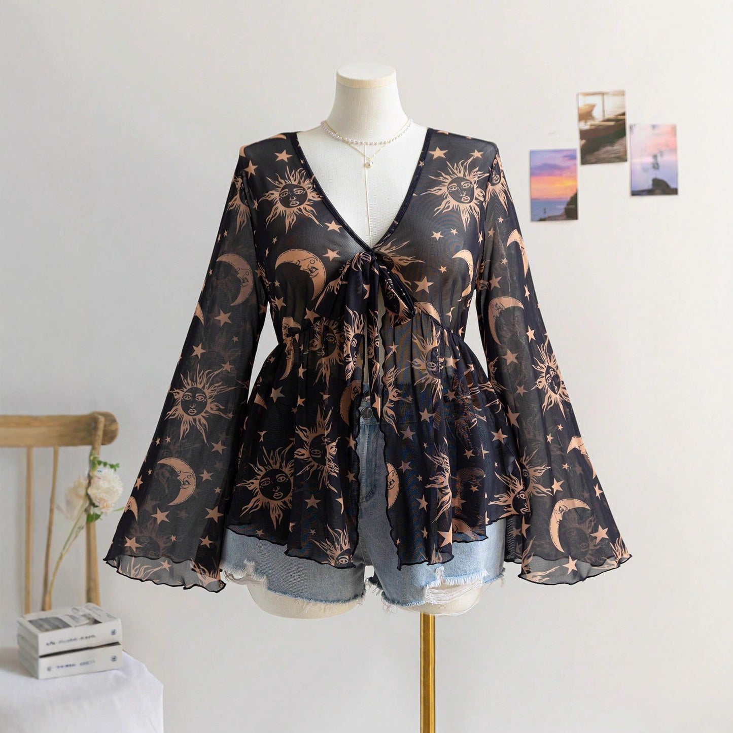 V-Neck Floral Mesh Top with Bell Sleeves