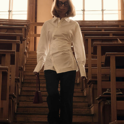 White Cotton Long Sleeve Shirt with Waist Design