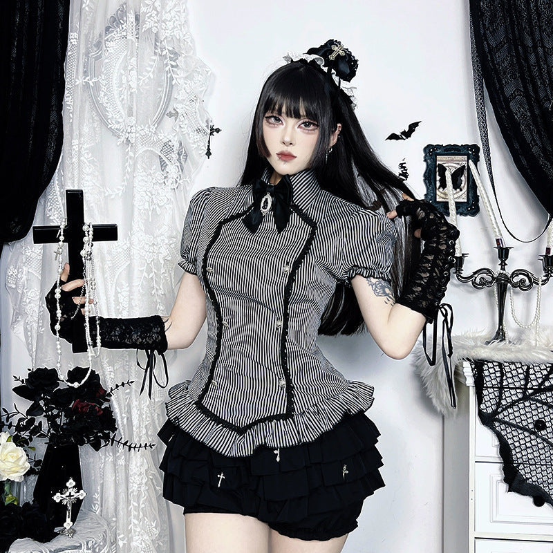 Gothic College Style Short Sleeve Shirt Dark Aesthetic