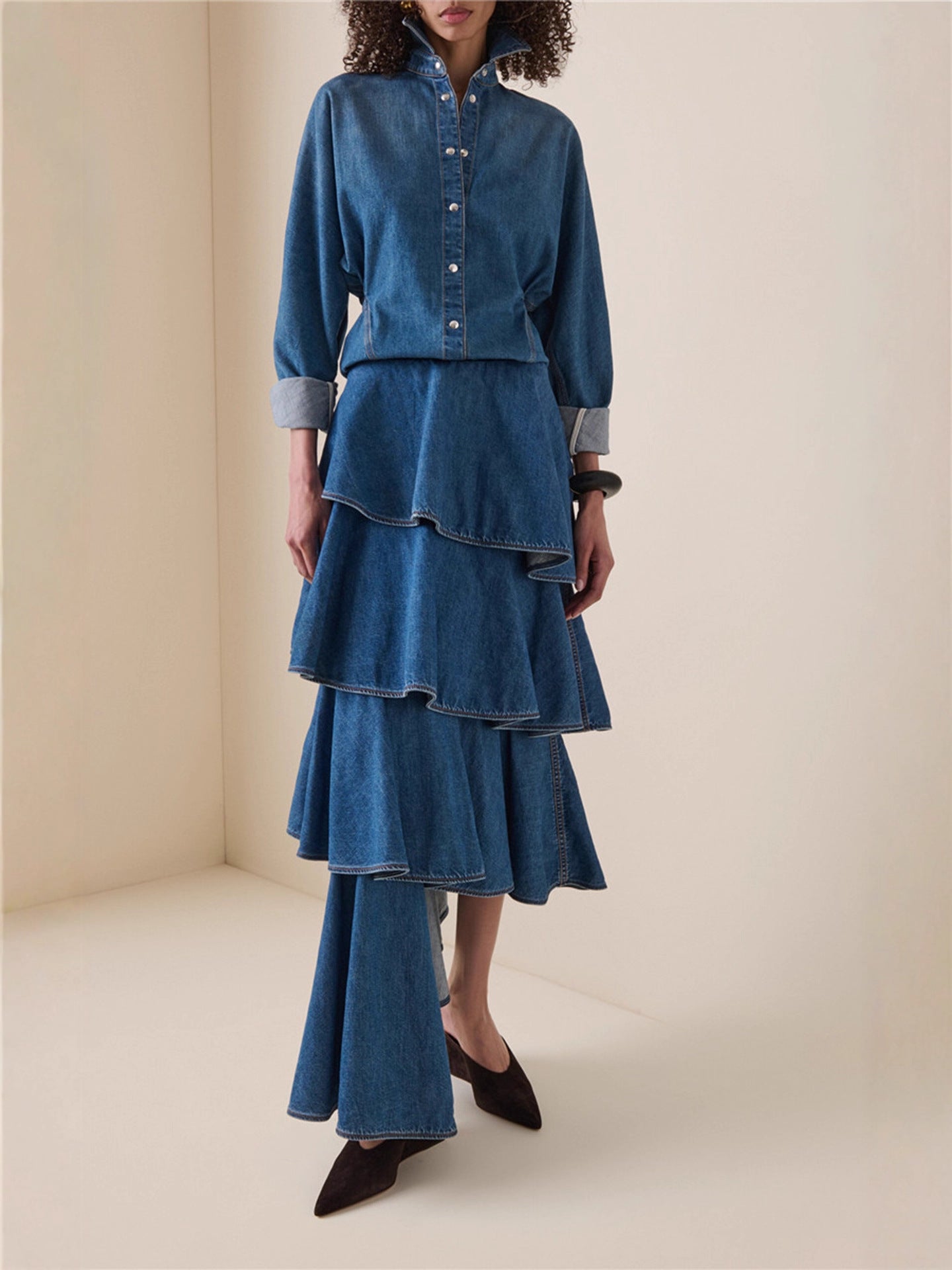 Trendy Denim Two-Piece Set With Asymmetrical Ruffled Skirt