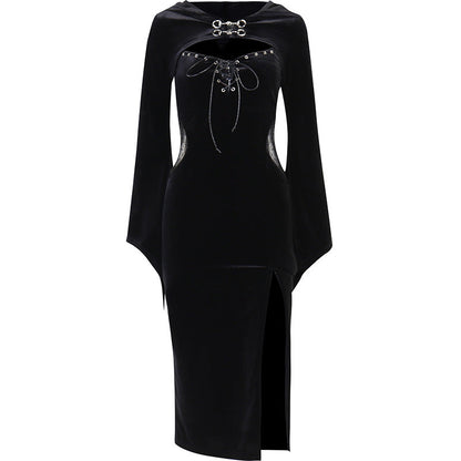 Dark Aesthetic Hooded Bell Sleeve Spider Web Dress