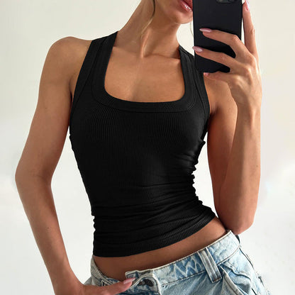 Solid Color Fitted Crop Top with U-Neck