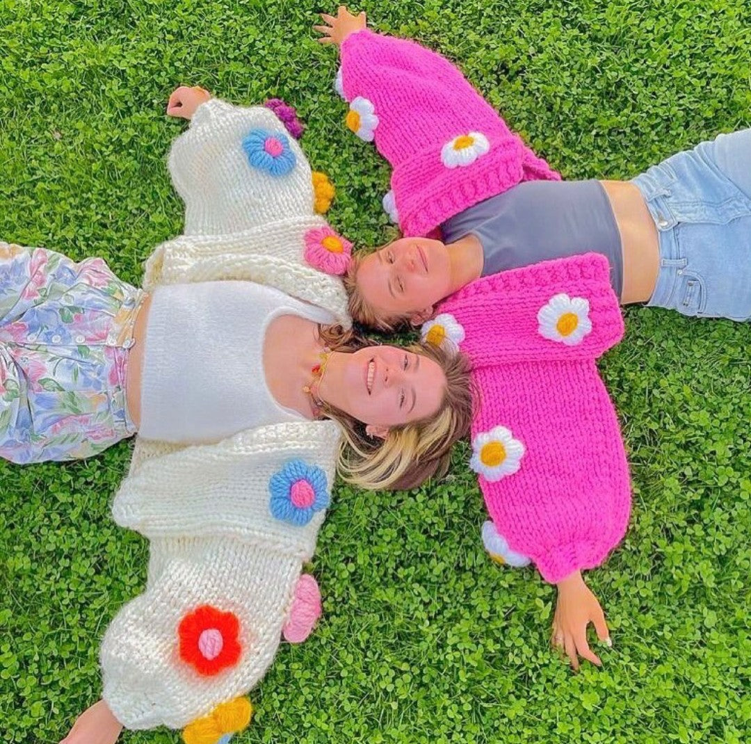 Handmade Three-Dimensional Hook Flower Flower Lantern Sleeve Sweet Loose Lazy Thick Warm Sweater Cardigan Jacket