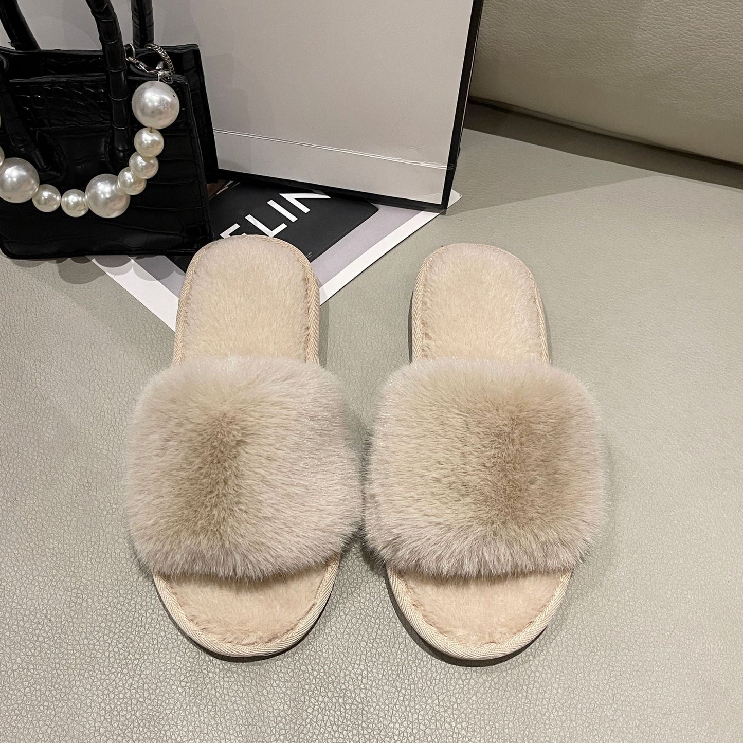 Solid Color Plush Open-Toe Slippers