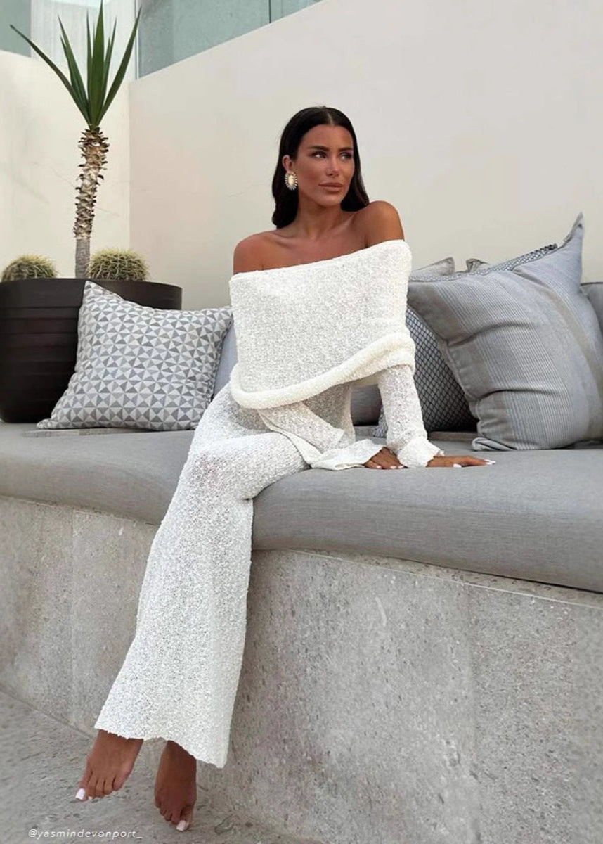 Off Shoulder Shimmer Knit Maxi Dress White