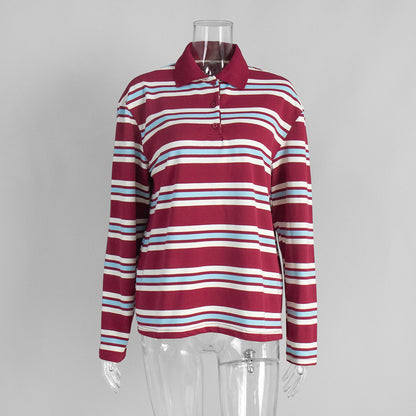 Striped Polo Shirt for Women Loose Fit Retro Style