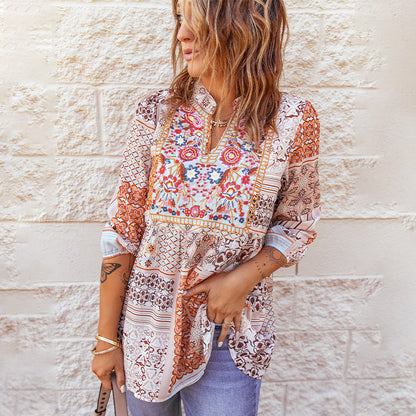 The New Fall Bohemian V-Neck Pullover T-Shirt With Long Sleeves