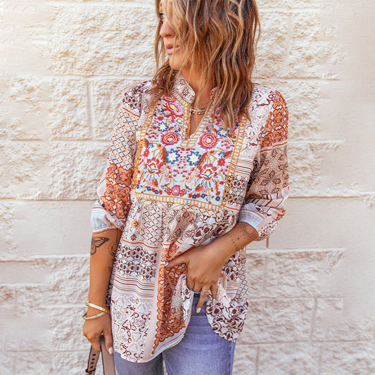 The New Fall Bohemian V-Neck Pullover T-Shirt With Long Sleeves