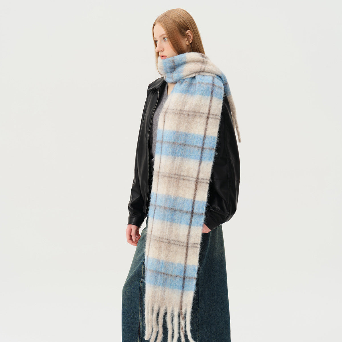 Chic Plaid Wool Blend Scarf for Women