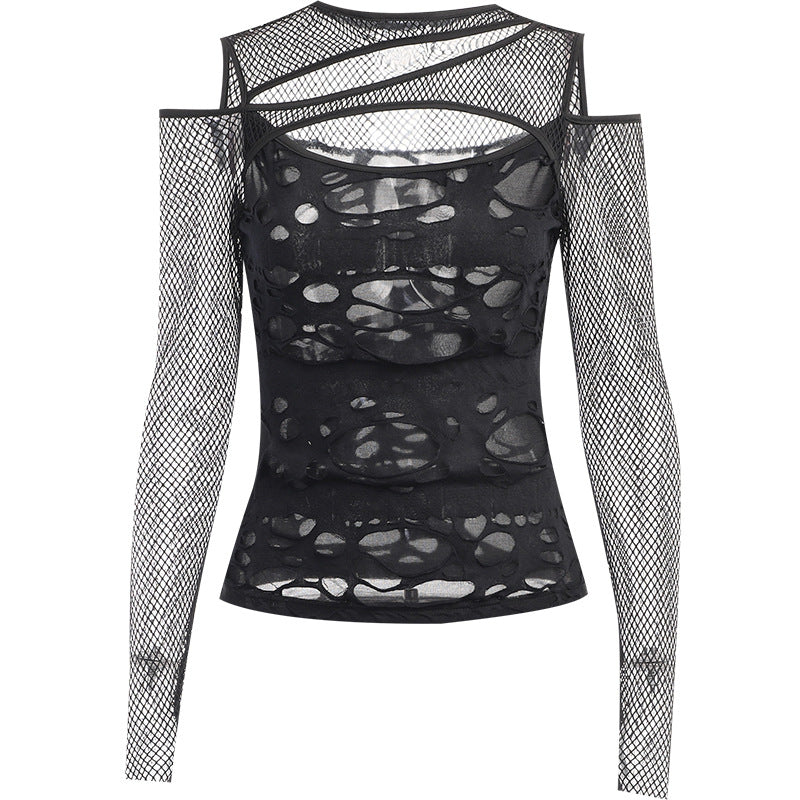 Edgy Black Mesh Cutout Long Sleeve Top