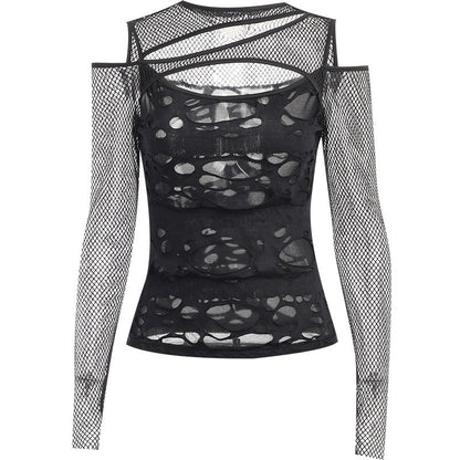 Edgy Black Mesh Cutout Long Sleeve Top